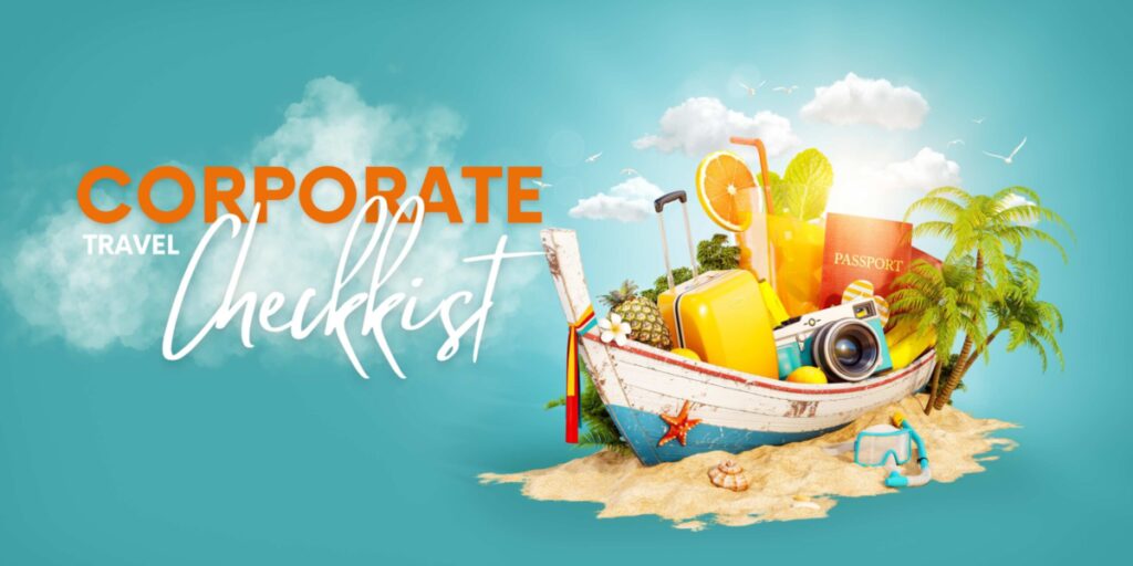 Corporate Travel Checklist Banner with boat full of luggage and cocktails